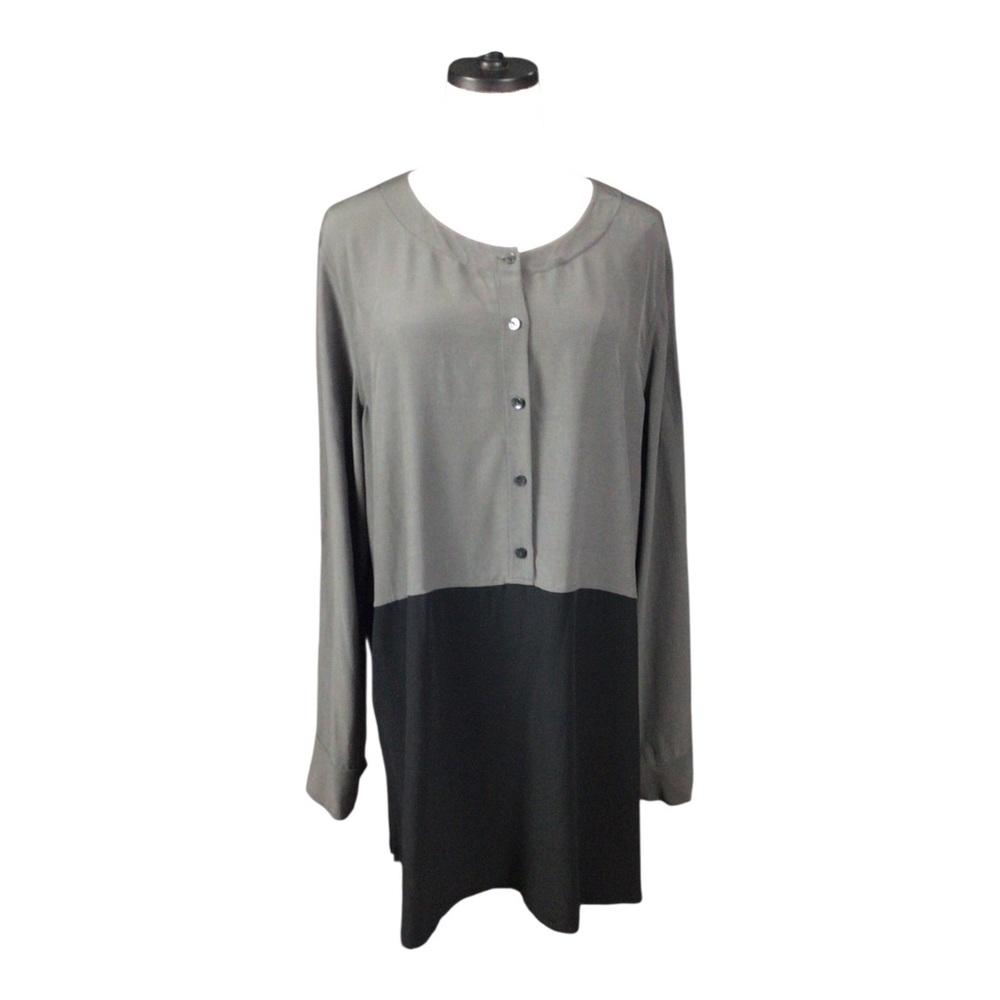 Eileen Fisher Colorblock Gray Black Roll Tab Sleeve Tunic Top Large Longline